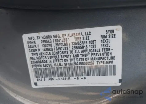 2009 Honda Odyssey Lx z USA, uszkodzony, nr VIN 5FNRL38249B060237